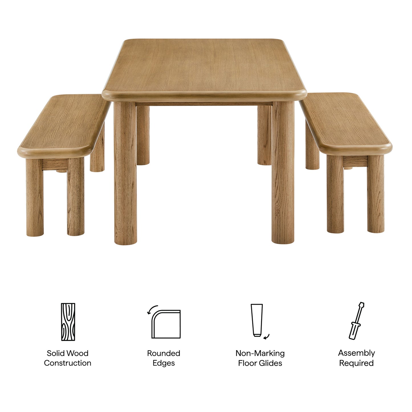 Wells 3-Piece Oak Wood Dining Table and Benches Set in Weathered Oak