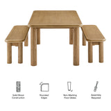 Wells 3-Piece Oak Wood Dining Table and Benches Set in Weathered Oak
