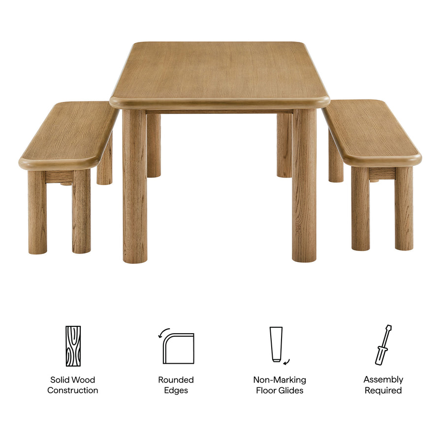 Wells 3-Piece Oak Wood Dining Table and Benches Set in Weathered Oak