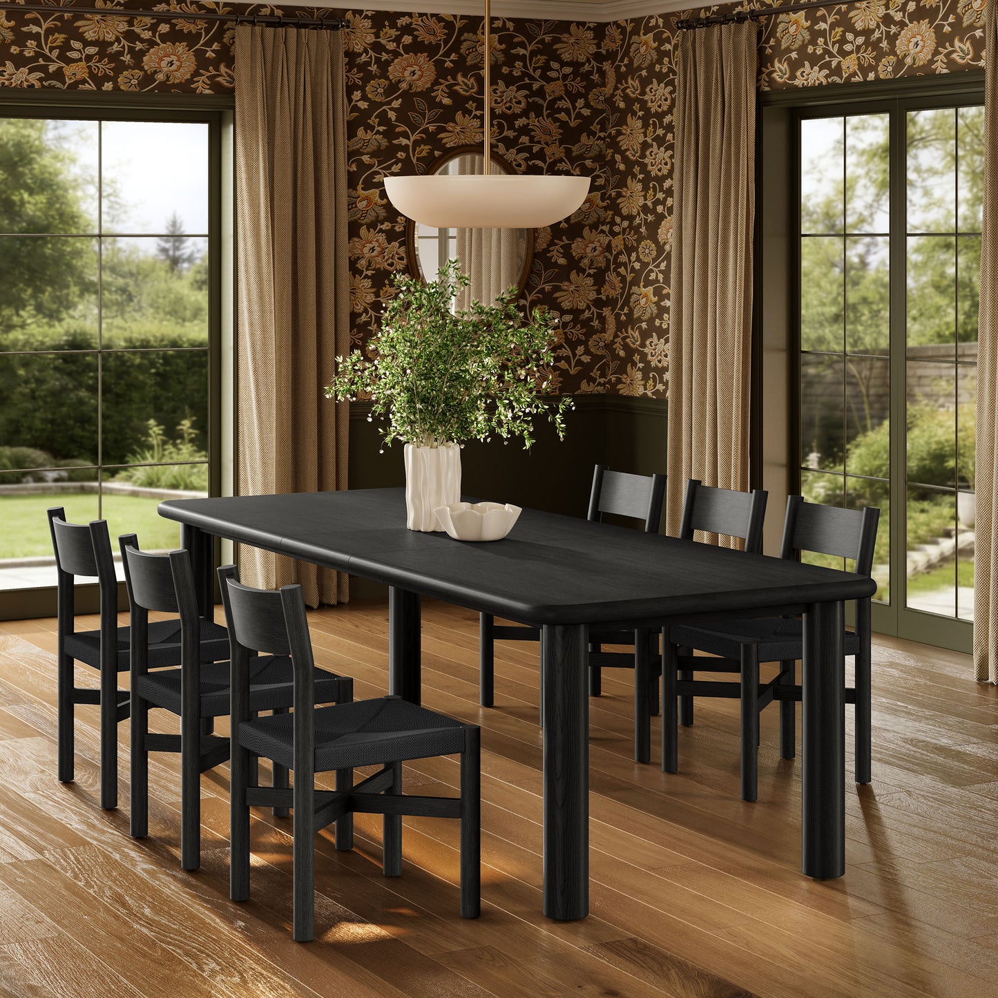 Wells 7-Piece Oak Wood Extendable Dining Table and Chairs Set in Black