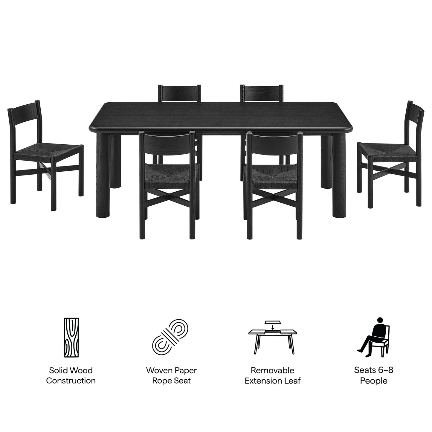 Wells 7-Piece Oak Wood Extendable Dining Table and Chairs Set in Black