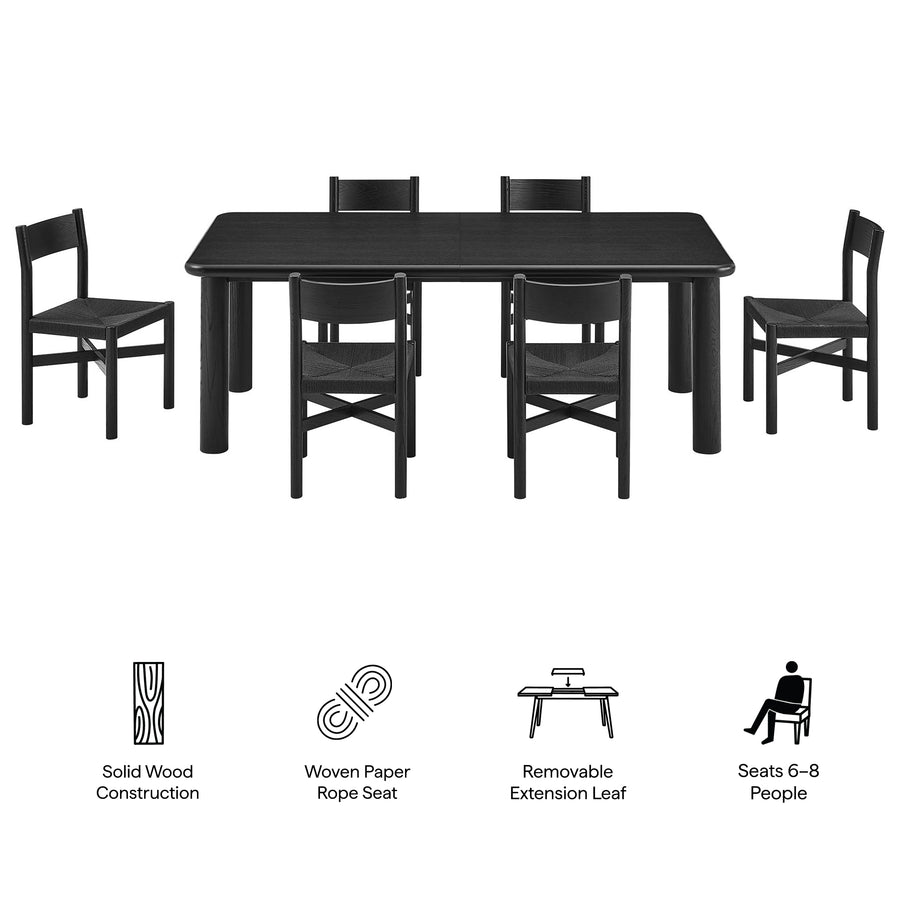 Wells 7-Piece Oak Wood Extendable Dining Table and Chairs Set in Black