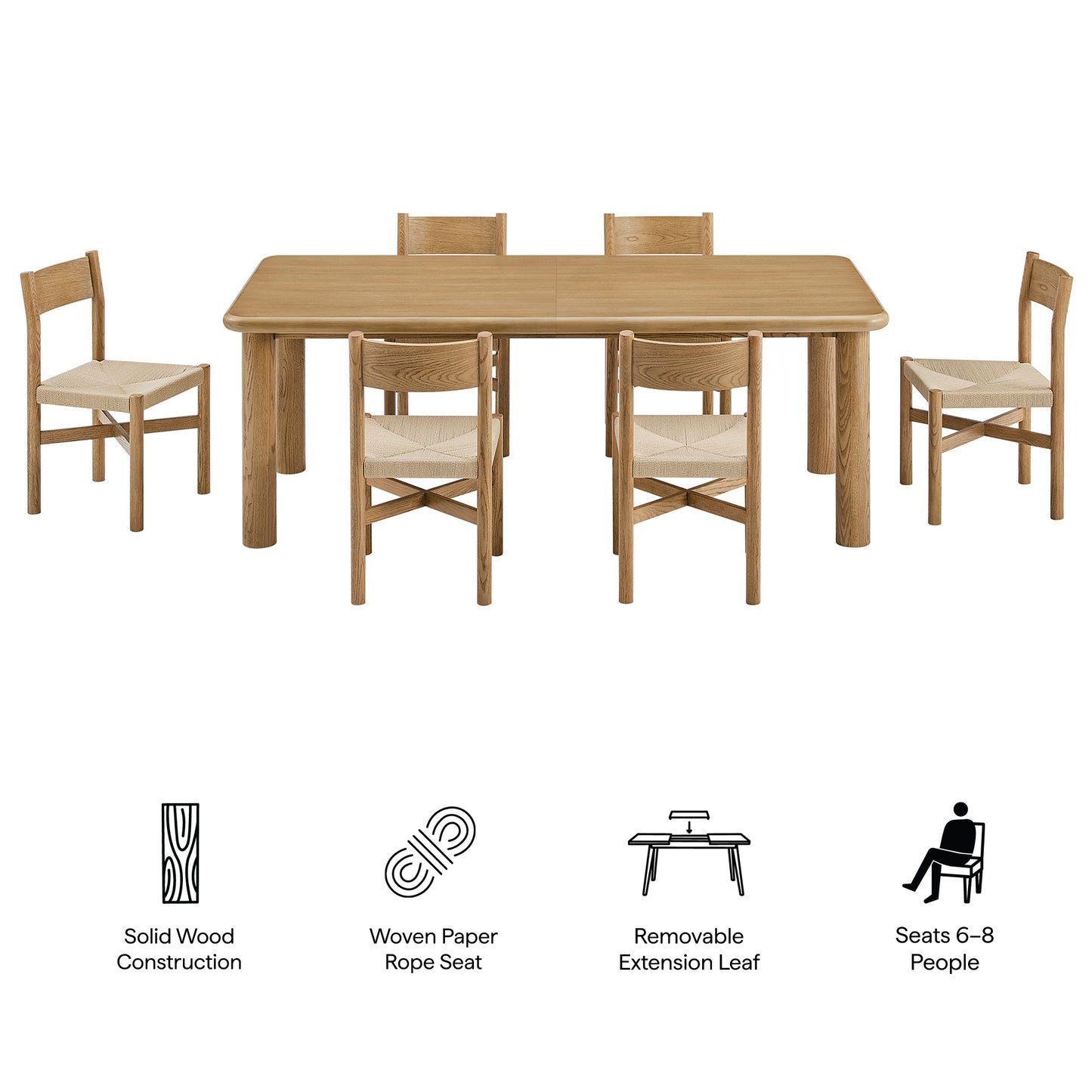 Wells 7-Piece Oak Wood Extendable Dining Table and Chairs Set in Weathered Oak