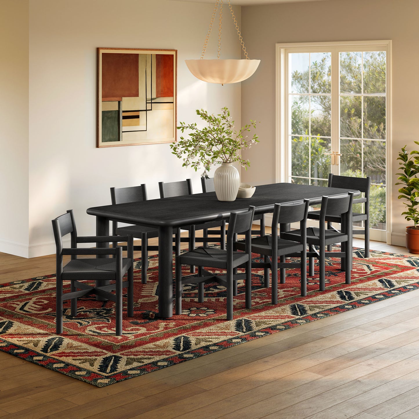 Wells 9-Piece Oak Wood Extendable Dining Table and Chairs Set in Black