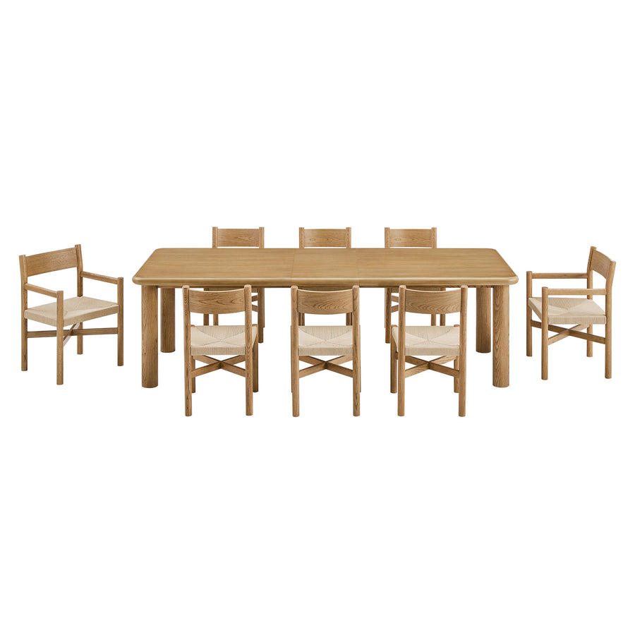 Wells 9-Piece Oak Wood Extendable Dining Table and Chairs Set in Weathered Oak