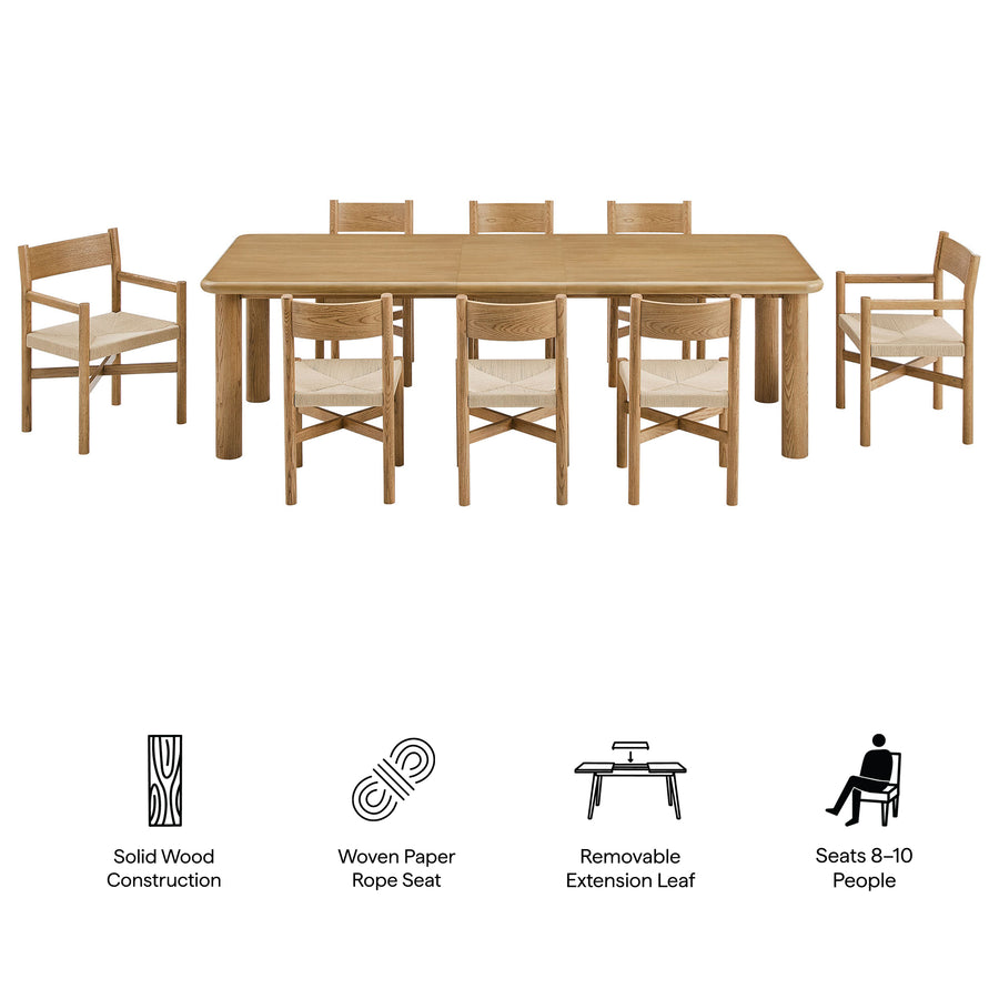 Wells 9-Piece Oak Wood Extendable Dining Table and Chairs Set in Weathered Oak