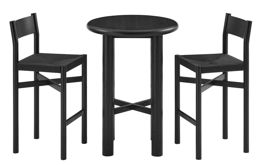 Wells 3-Piece Round Oak Wood Bar Table With Bar Stools Set in Black