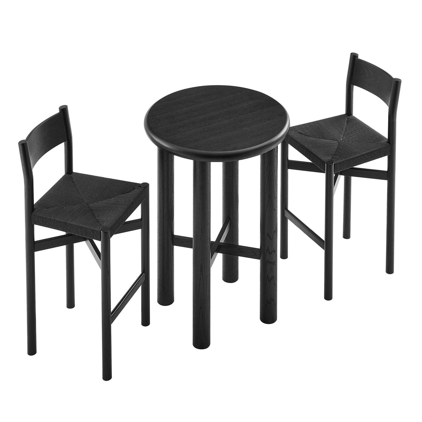 Wells 3-Piece Round Oak Wood Bar Table With Bar Stools Set in Black