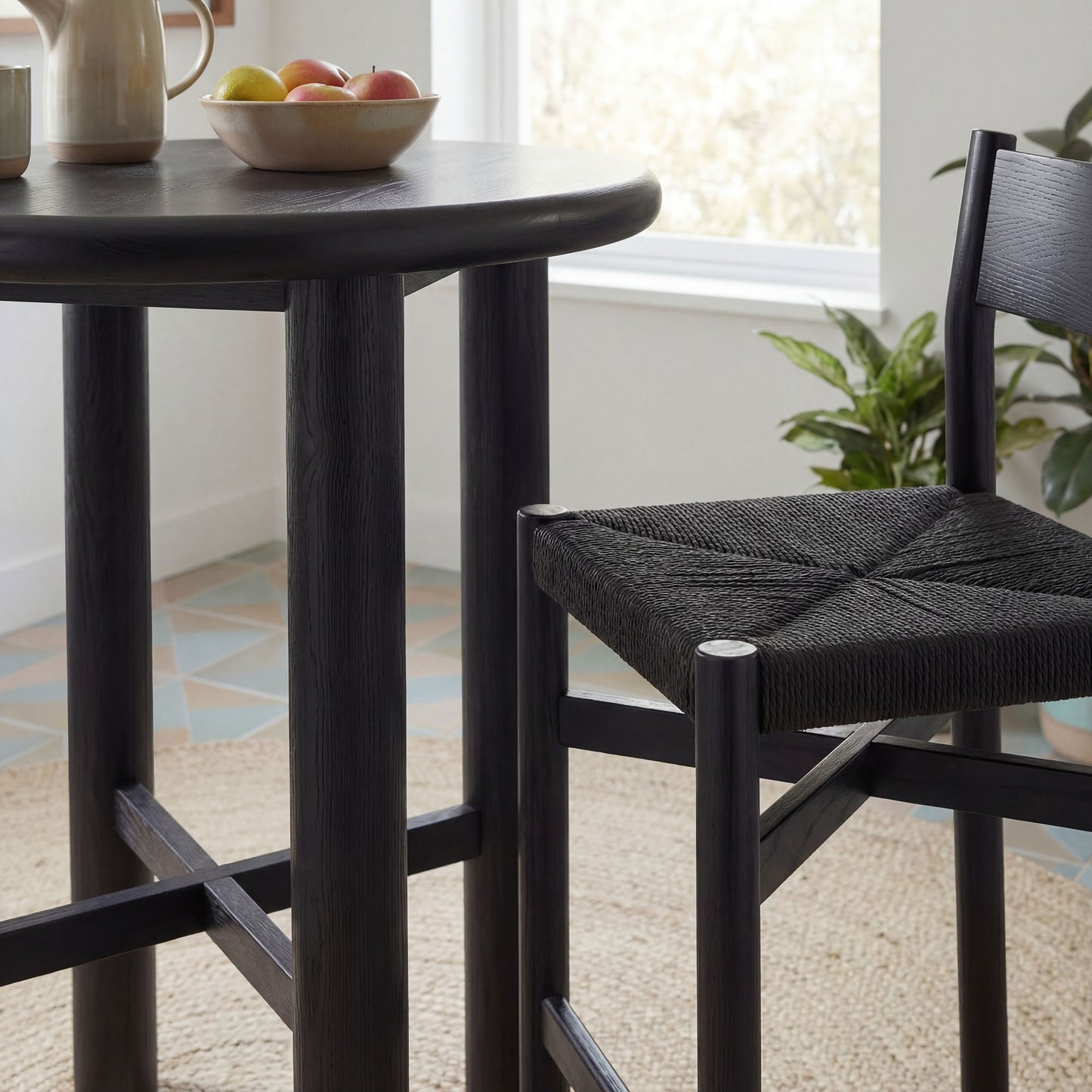 Wells 3-Piece Round Oak Wood Bar Table With Bar Stools Set in Black