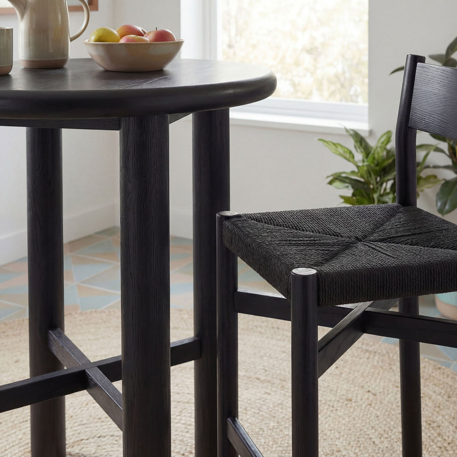 Wells 3-Piece Round Oak Wood Bar Table With Bar Stools Set in Black