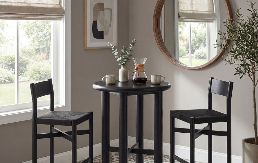 Wells 3-Piece Round Oak Wood Bar Table With Bar Stools Set in Black
