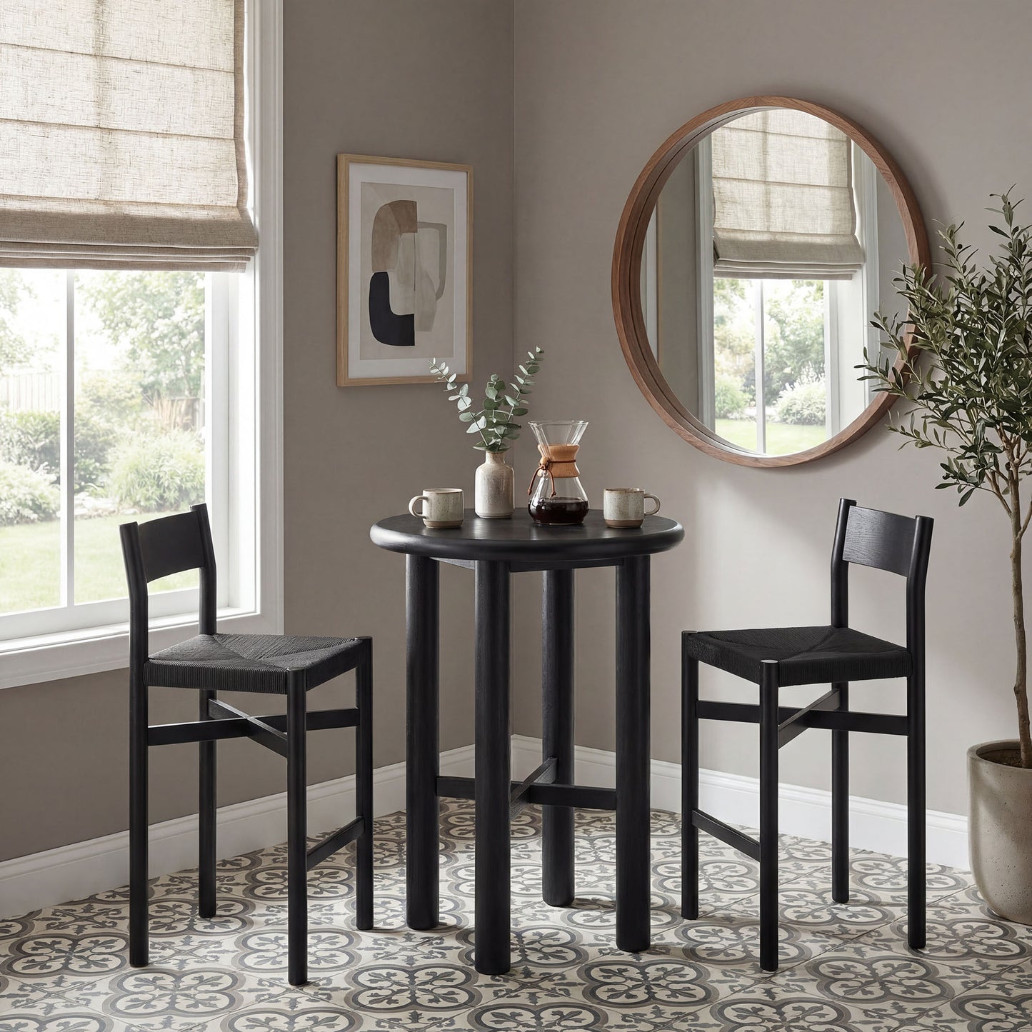 Wells 3-Piece Round Oak Wood Bar Table With Bar Stools Set in Black