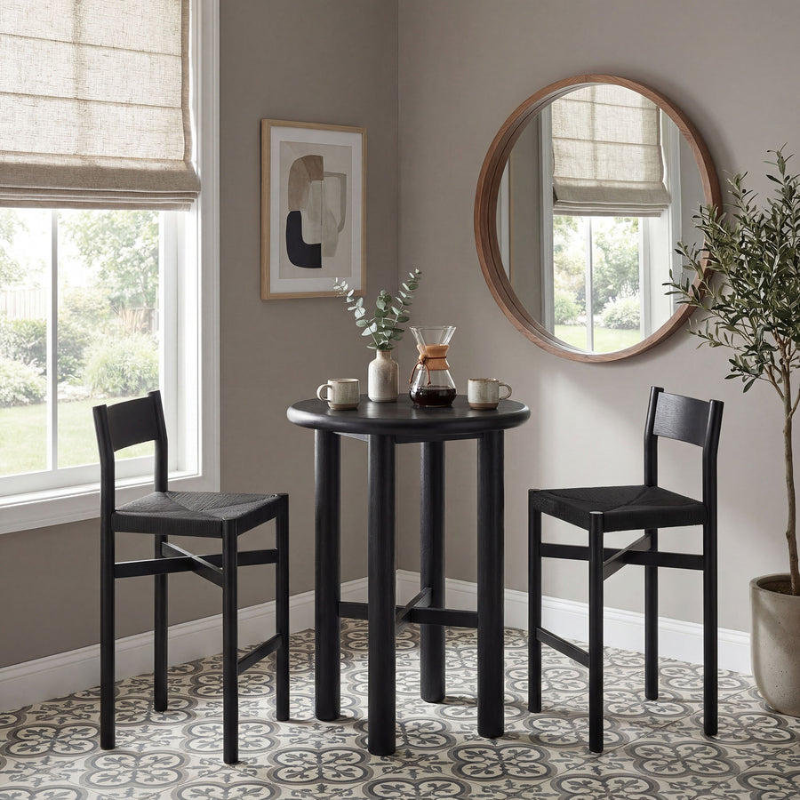 Wells 3-Piece Round Oak Wood Bar Table With Bar Stools Set in Black