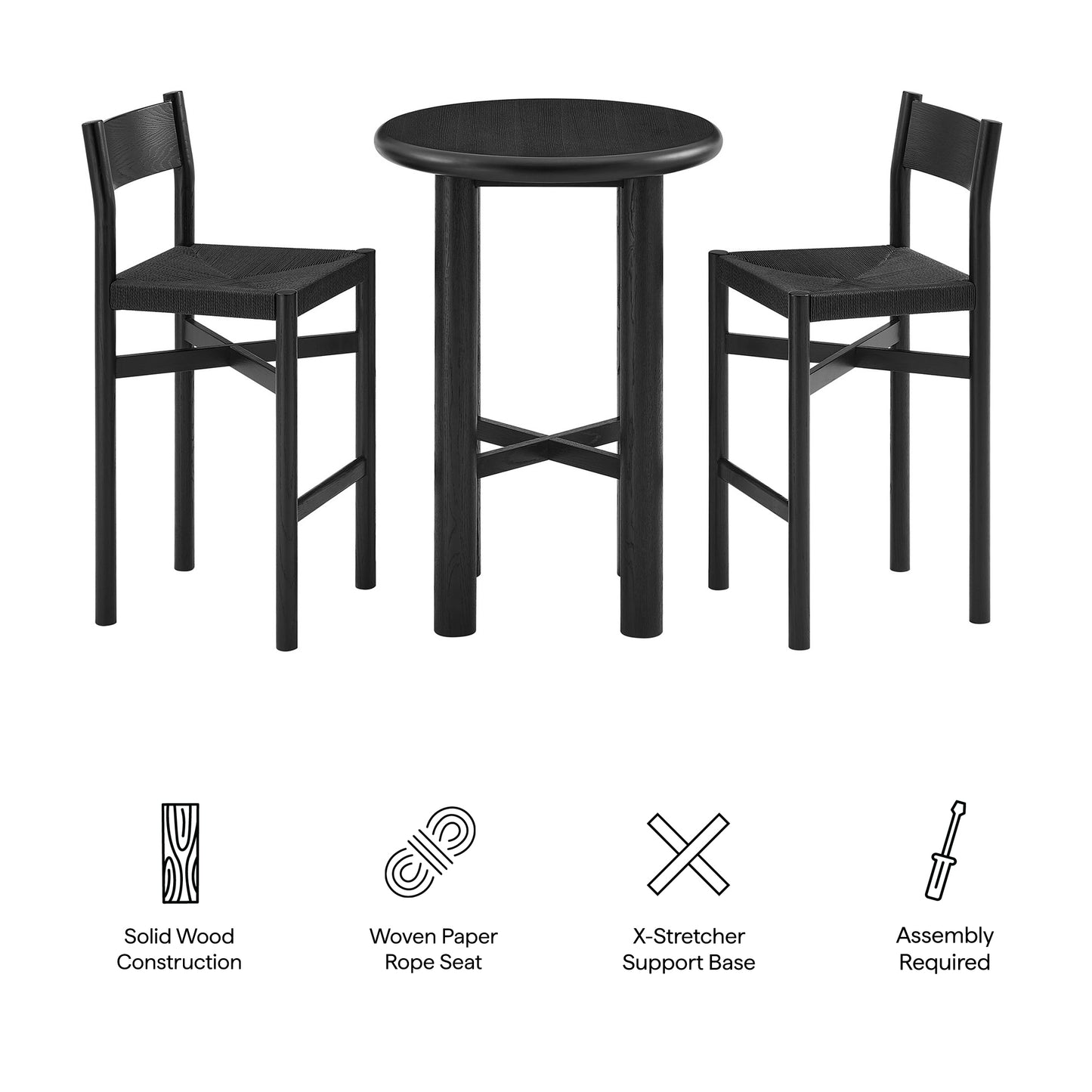 Wells 3-Piece Round Oak Wood Bar Table With Bar Stools Set in Black