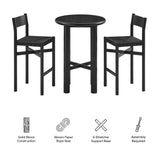 Wells 3-Piece Round Oak Wood Bar Table With Bar Stools Set in Black