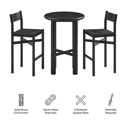 Alvia 3-Piece Round Oak Wood Bar Table With Bar Stools Set in Black