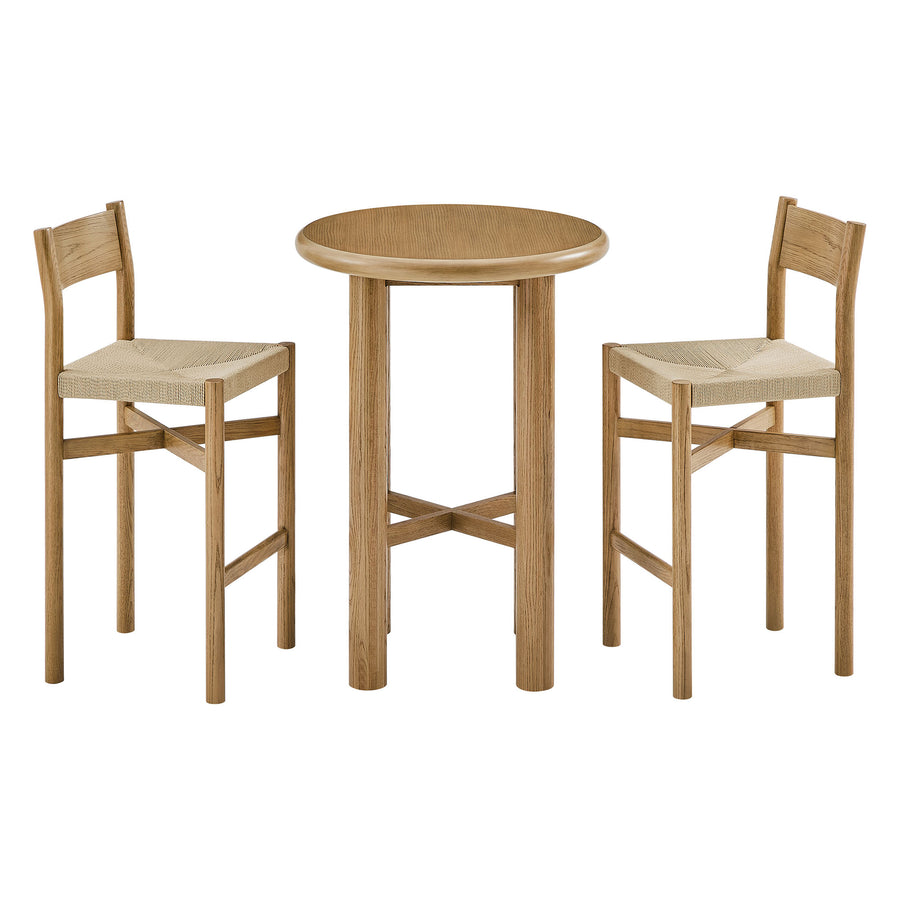 Wells 3-Piece Round Oak Wood Bar Table With Bar Stools Set in Weathered Oak