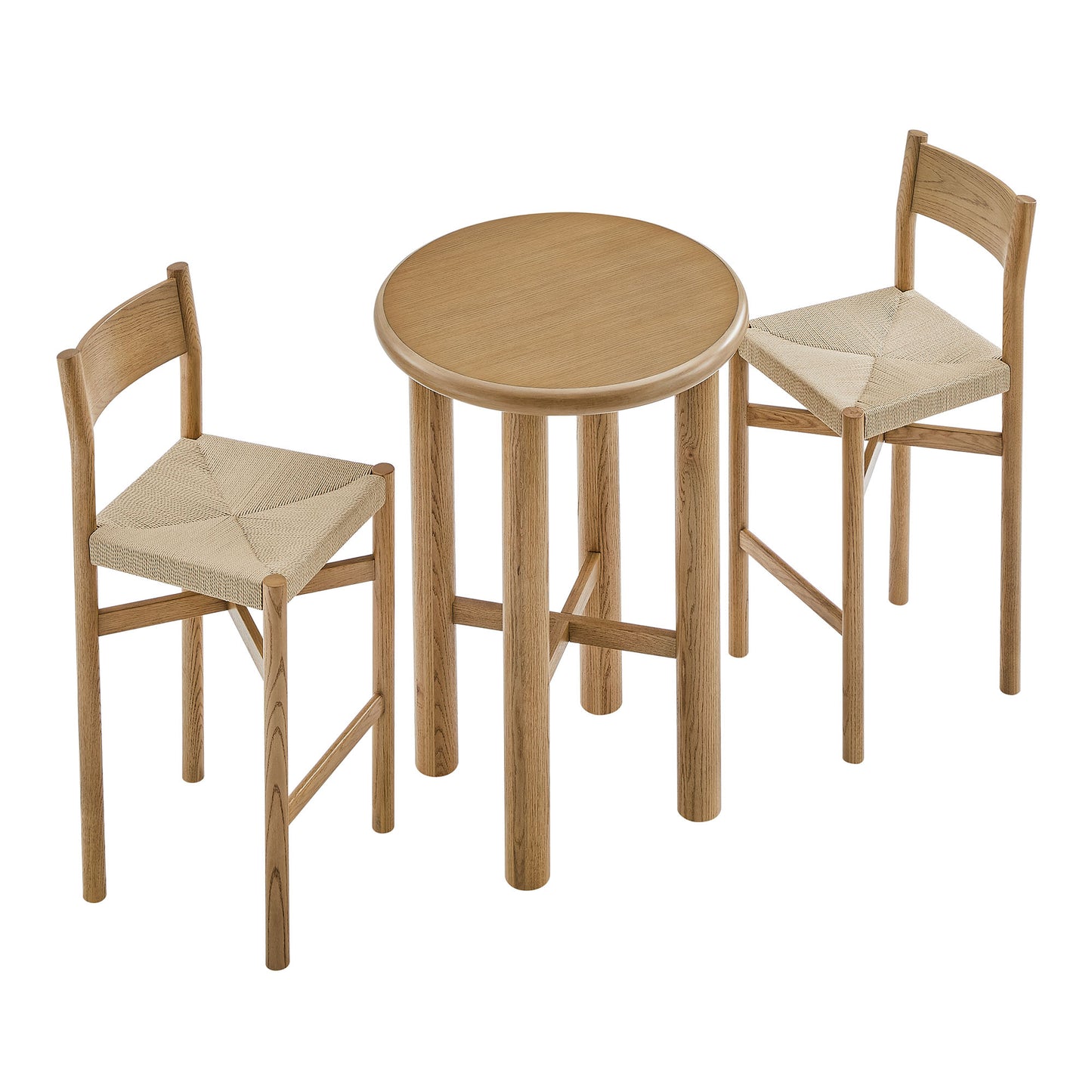 Wells 3-Piece Round Oak Wood Bar Table With Bar Stools Set in Weathered Oak