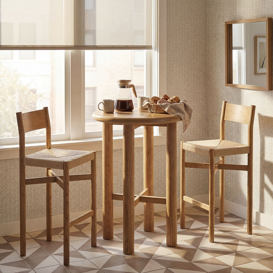 Wells 3-Piece Round Oak Wood Bar Table With Bar Stools Set in Weathered Oak