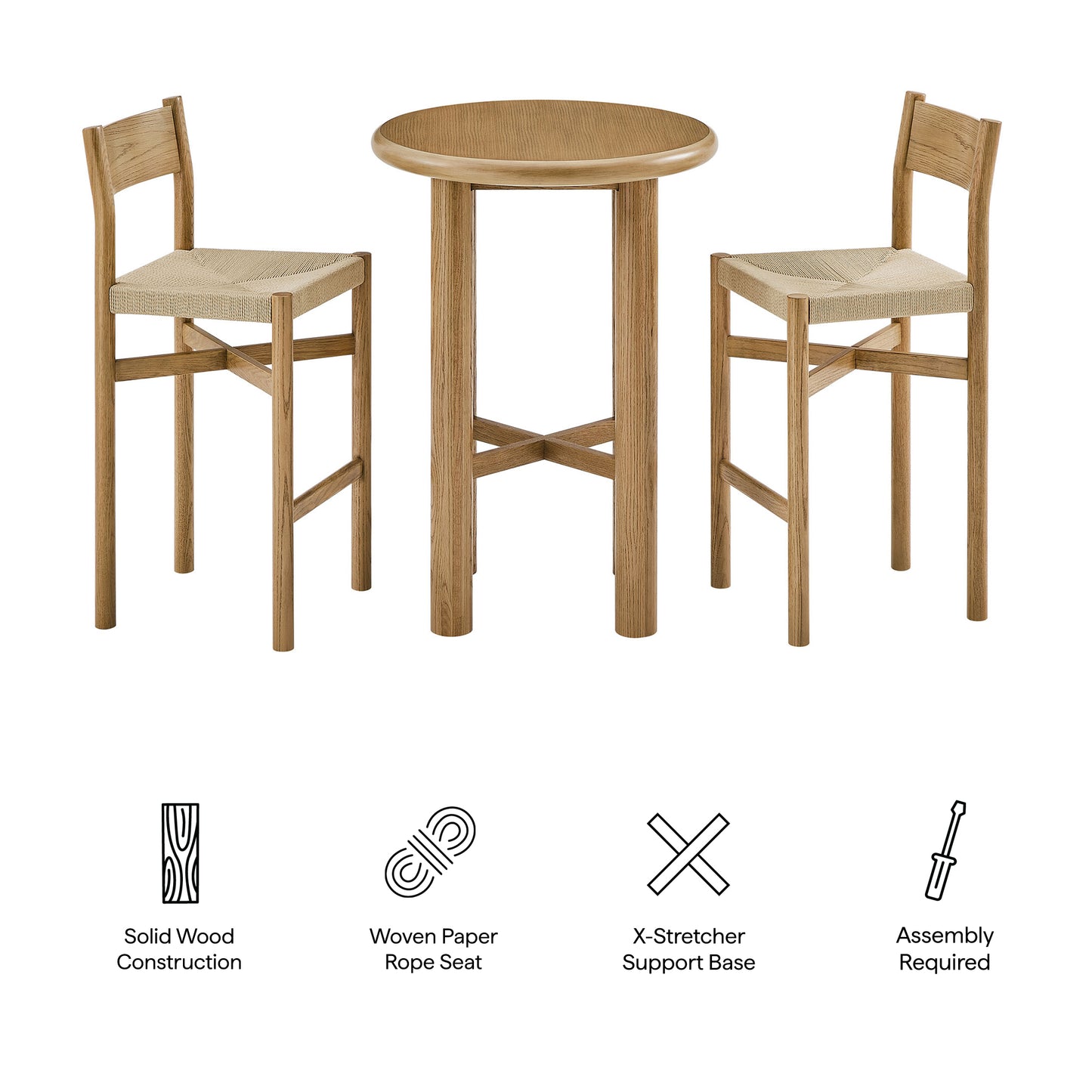 Wells 3-Piece Round Oak Wood Bar Table With Bar Stools Set in Weathered Oak