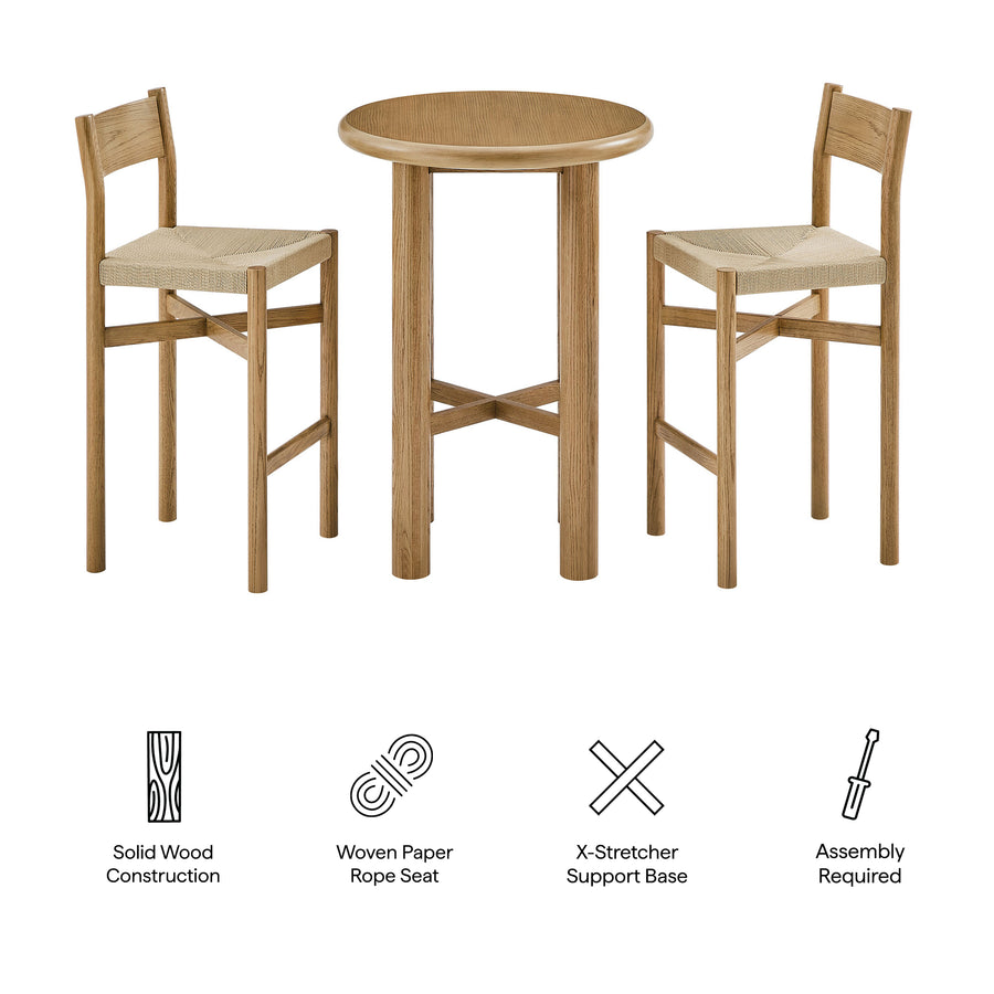 Wells 3-Piece Round Oak Wood Bar Table With Bar Stools Set in Weathered Oak