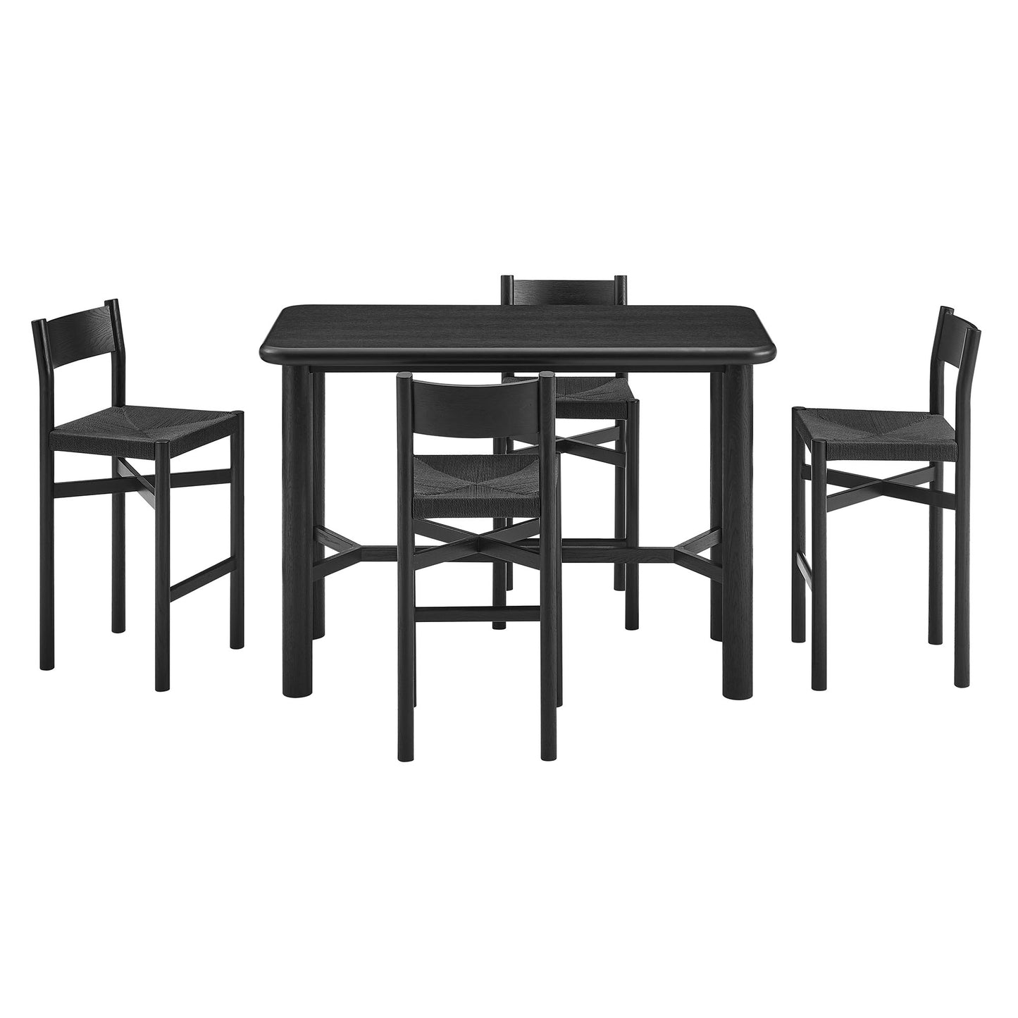 Wells 5-Piece Rectangular Oak Wood Bar Table With Bar Stools Set in Black