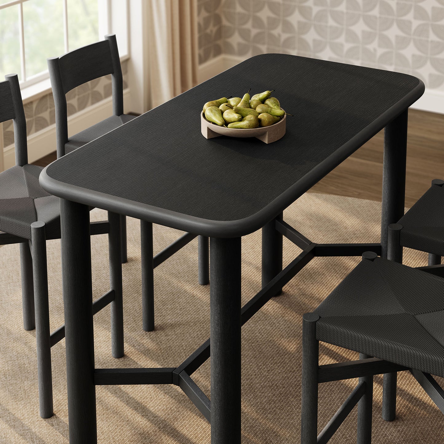 Wells 5-Piece Rectangular Oak Wood Bar Table With Bar Stools Set in Black