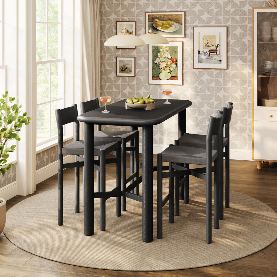 Wells 5-Piece Rectangular Oak Wood Bar Table With Bar Stools Set in Black