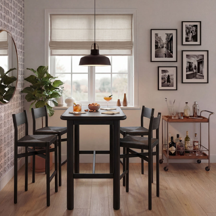 Wells 5-Piece Rectangular Oak Wood Bar Table With Bar Stools Set in Black