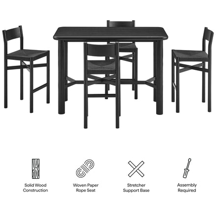 Alvia 5-Piece Rectangular Oak Wood Bar Table With Bar Stools Set in Black