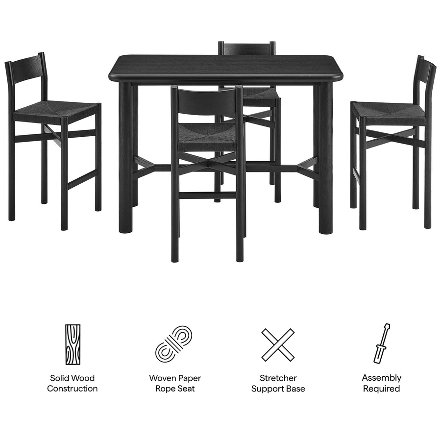 Wells 5-Piece Rectangular Oak Wood Bar Table With Bar Stools Set in Black