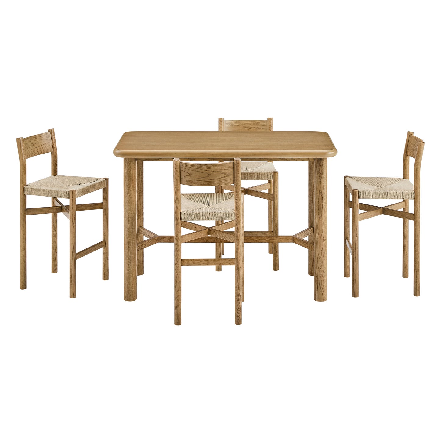 Wells 5-Piece Rectangular Oak Wood Bar Table With Bar Stools Set in Weathered Oak