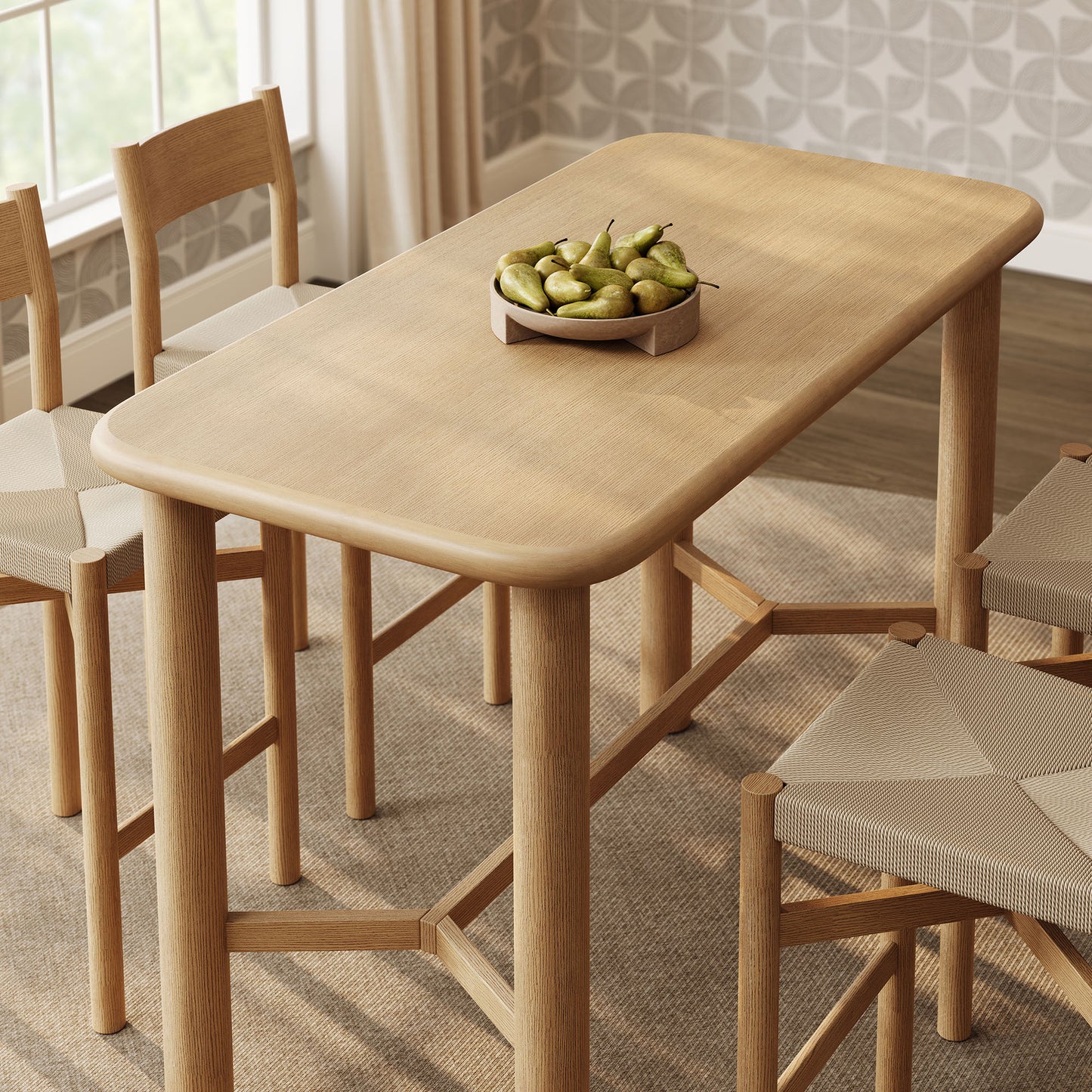 Wells 5-Piece Rectangular Oak Wood Bar Table With Bar Stools Set in Weathered Oak