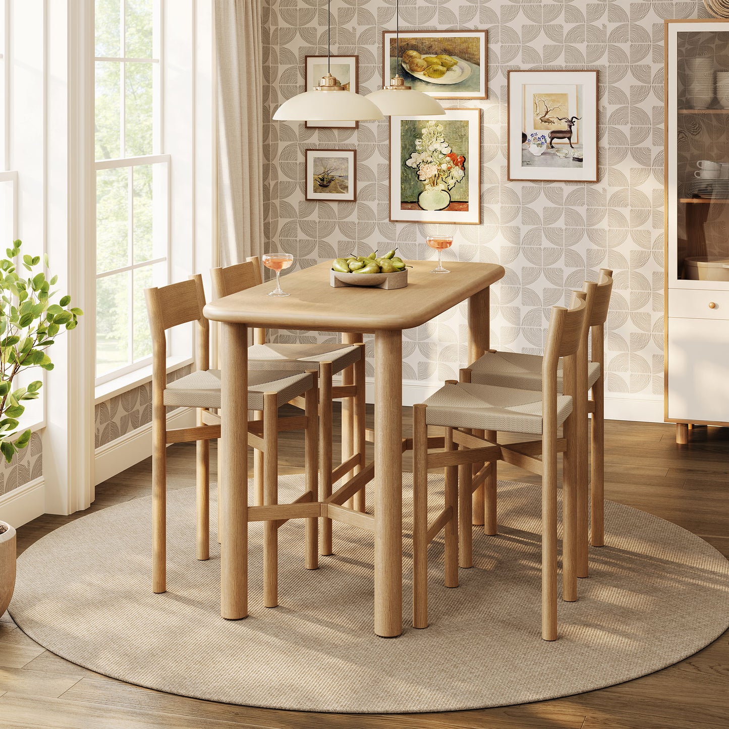 Wells 5-Piece Rectangular Oak Wood Bar Table With Bar Stools Set in Weathered Oak