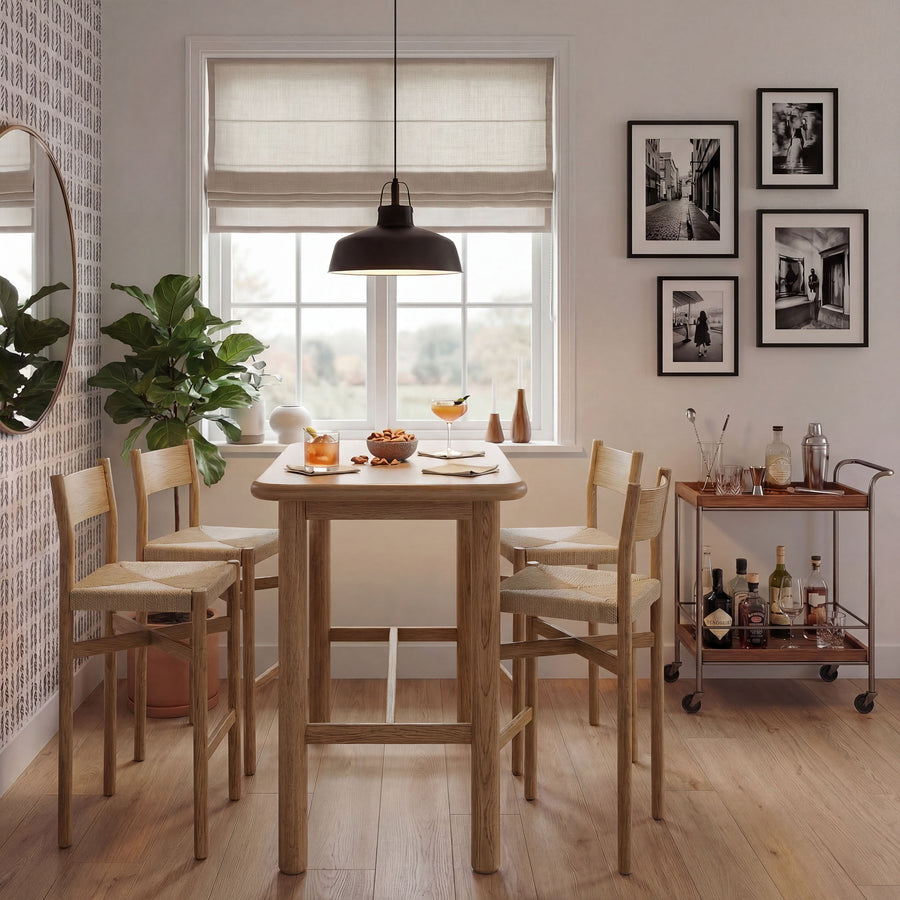 Wells 5-Piece Rectangular Oak Wood Bar Table With Bar Stools Set in Weathered Oak