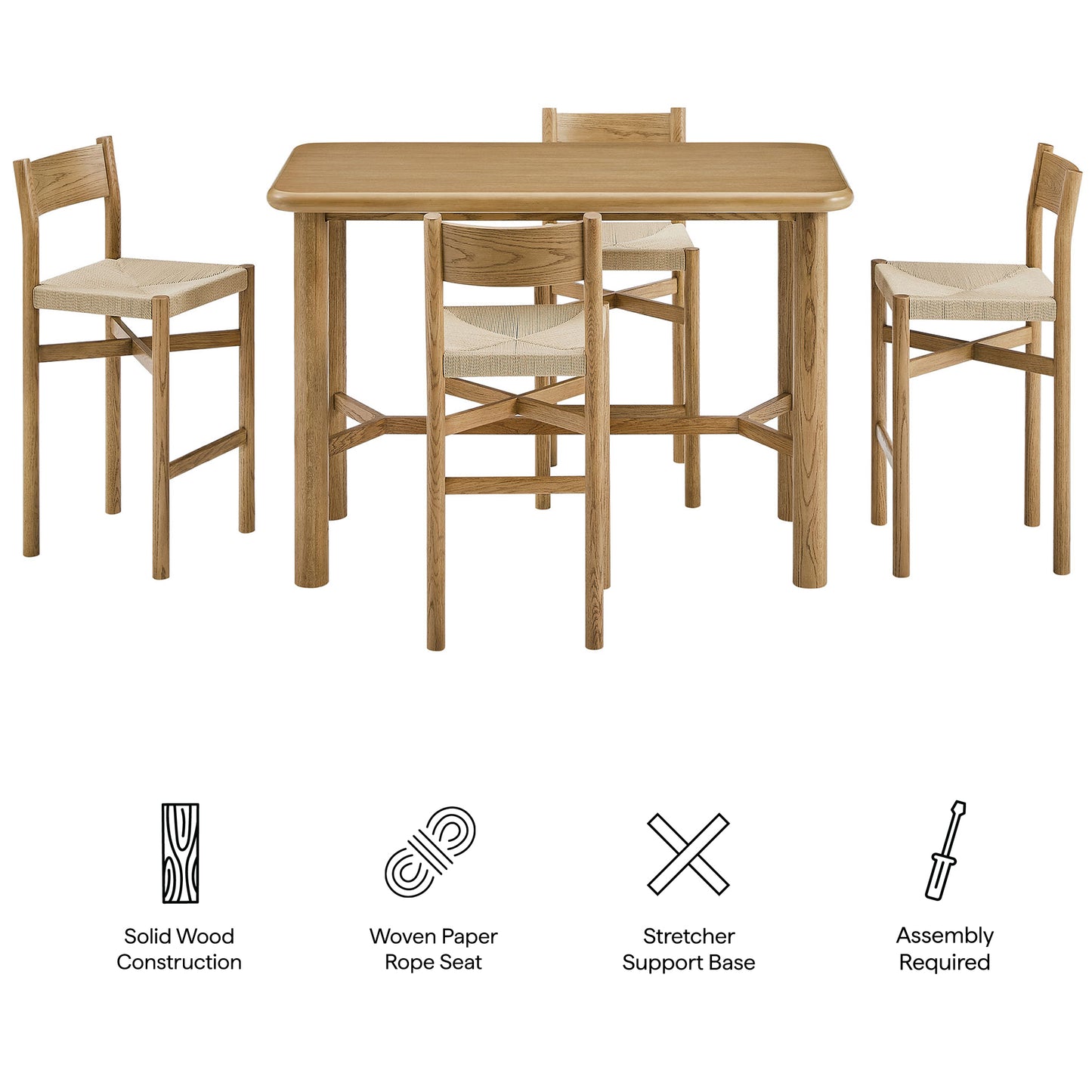 Wells 5-Piece Rectangular Oak Wood Bar Table With Bar Stools Set in Weathered Oak