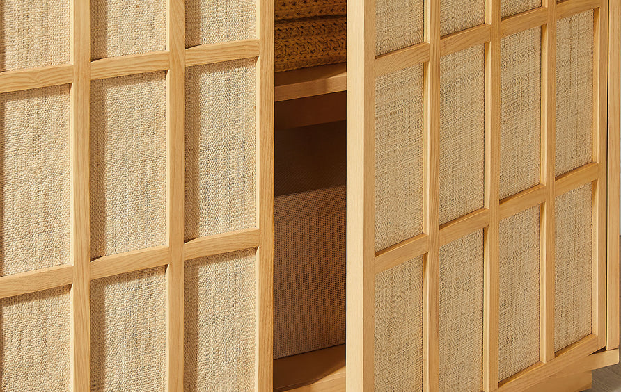 Honey 64 Inch Tall Japandi Storage Cabinet in Light Oak