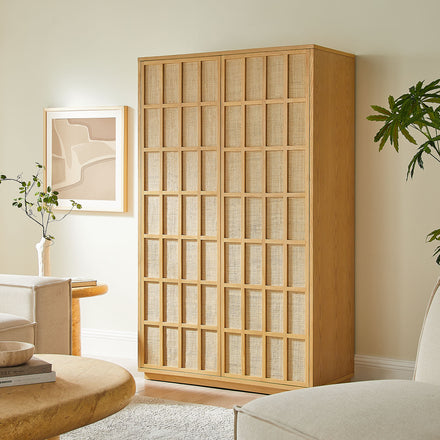 Aiko 64 Inch Tall Japandi Storage Cabinet in Light Oak