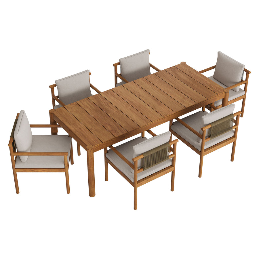 Lyric 7 Piece Outdoor Patio Teak Wood Dining Set in Natural Sail