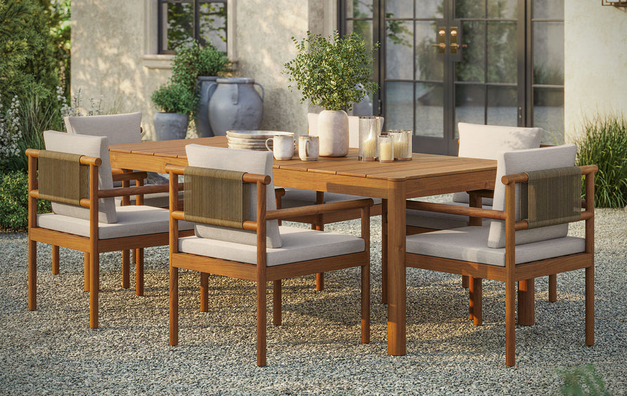 Lyric 7 Piece Outdoor Patio Teak Wood Dining Set in Natural Sail