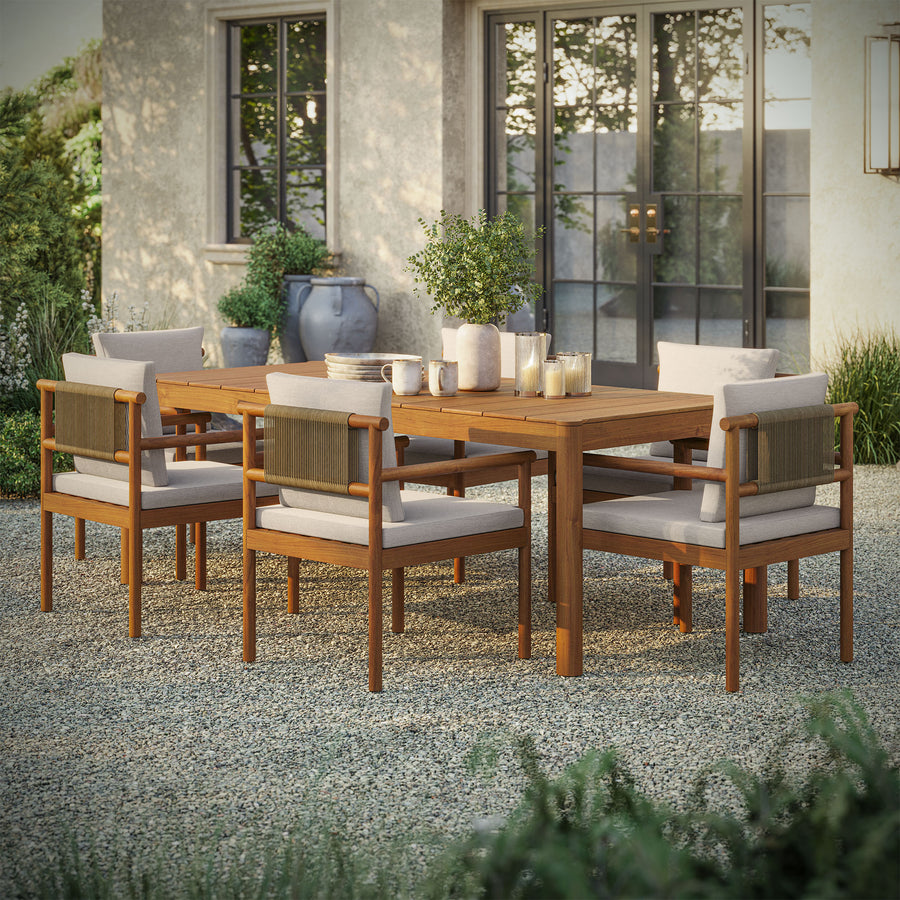 Lyric 7 Piece Outdoor Patio Teak Wood Dining Set in Natural Sail