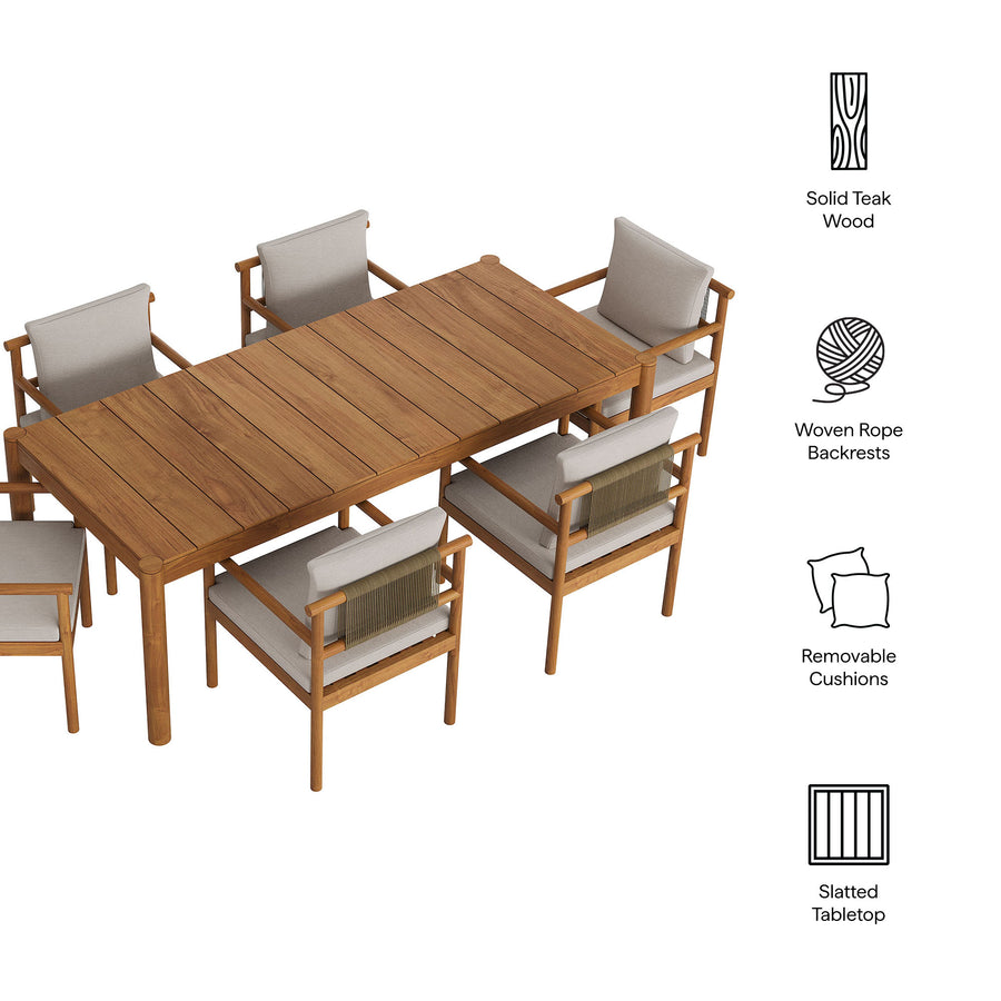 Lyric 7 Piece Outdoor Patio Teak Wood Dining Set in Natural Sail