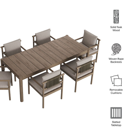 Eleni 7 Piece Outdoor Patio Teak Wood Dining Set in Weathered Gray Pebble