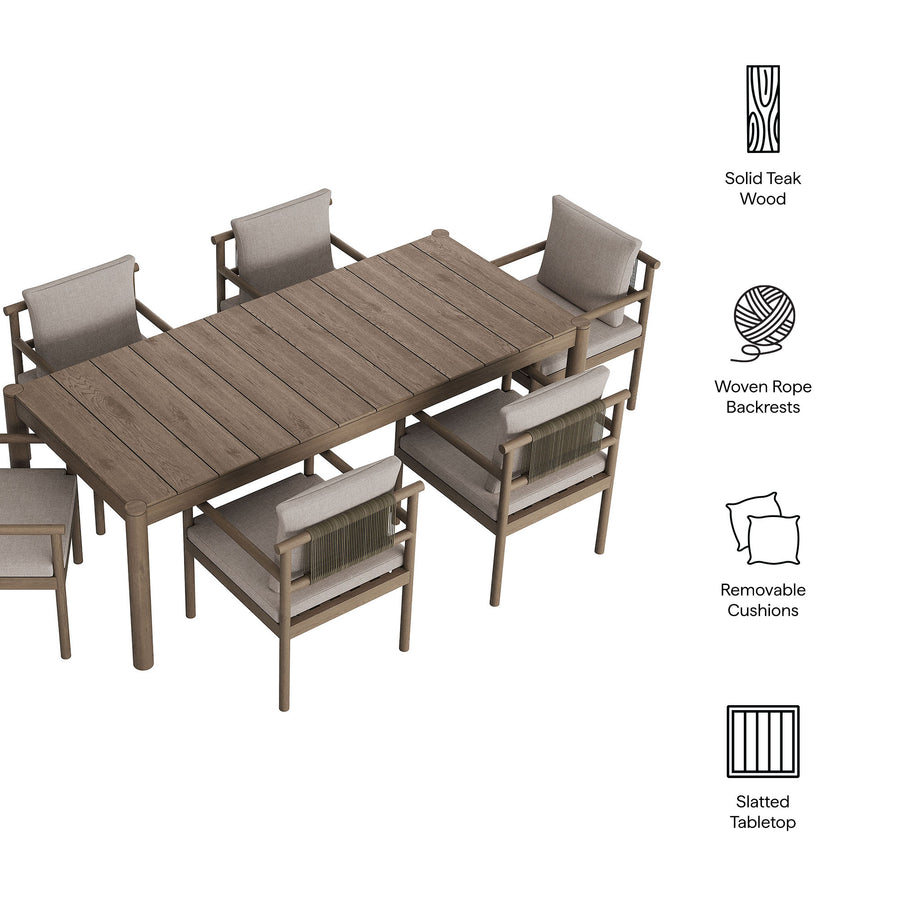 Lyric 7 Piece Outdoor Patio Teak Wood Dining Set in Weathered Gray Pebble