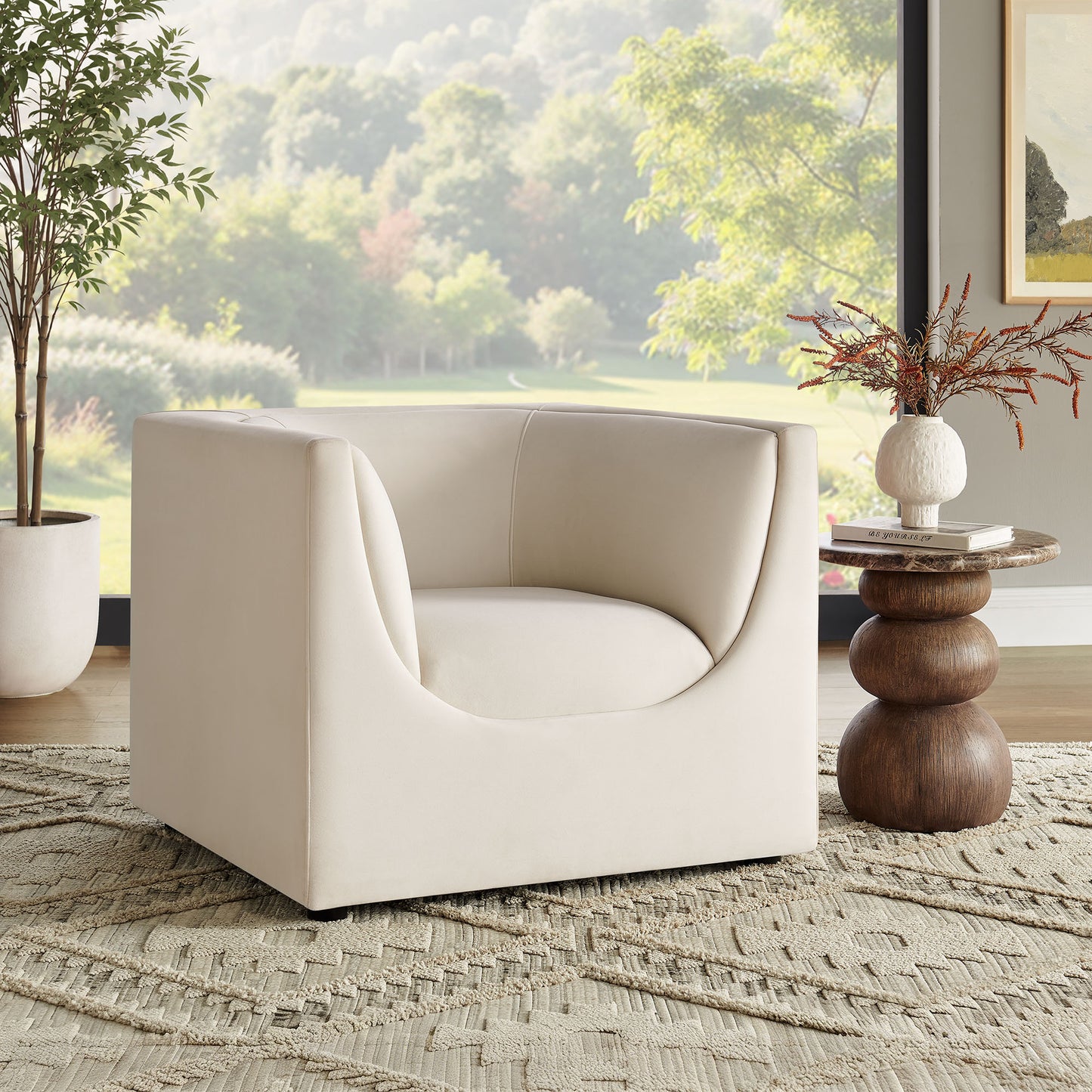 Drift Curved Back Performance Velvet Armchair in Alabaster