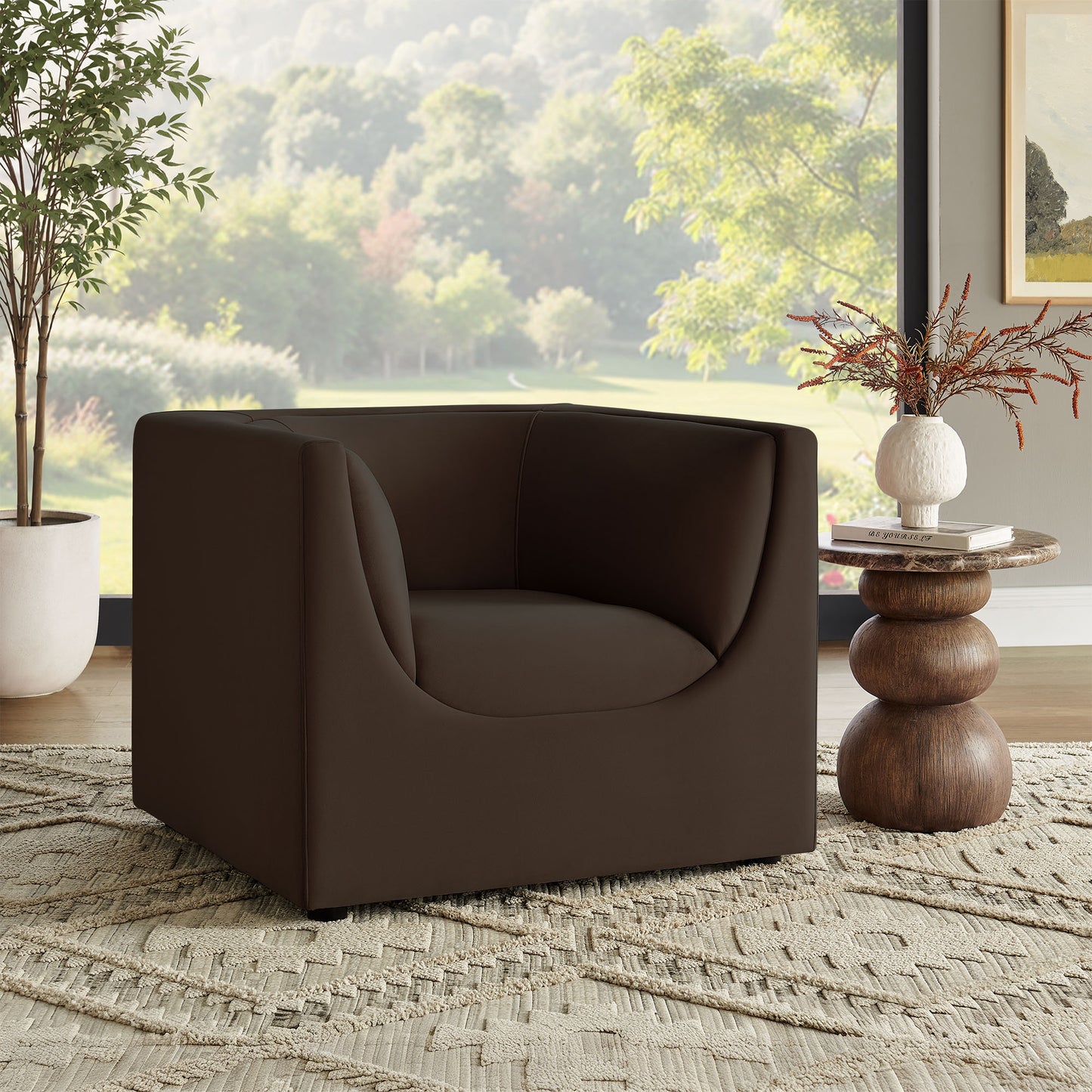 Drift Curved Back Performance Velvet Armchair in Chocolate Brown