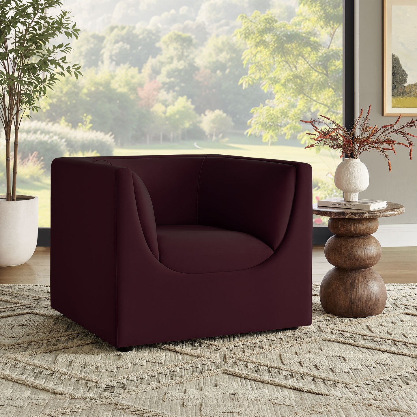 Drift Curved Back Performance Velvet Armchair in Mulberry