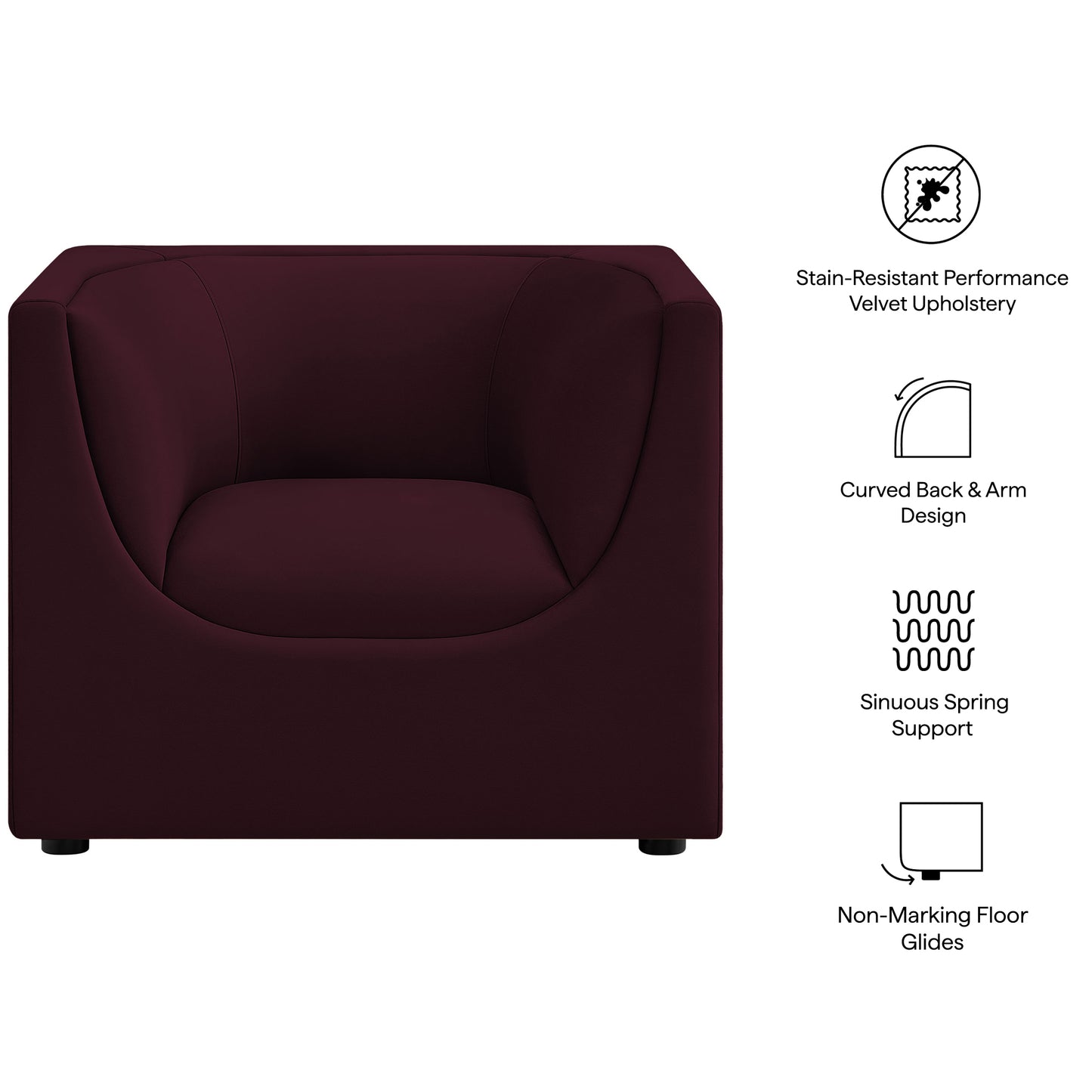 Drift Curved Back Performance Velvet Armchair in Mulberry
