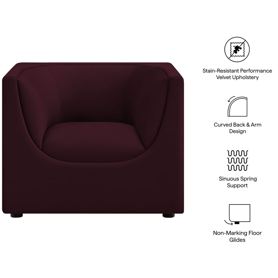 Drift Curved Back Performance Velvet Armchair in Mulberry
