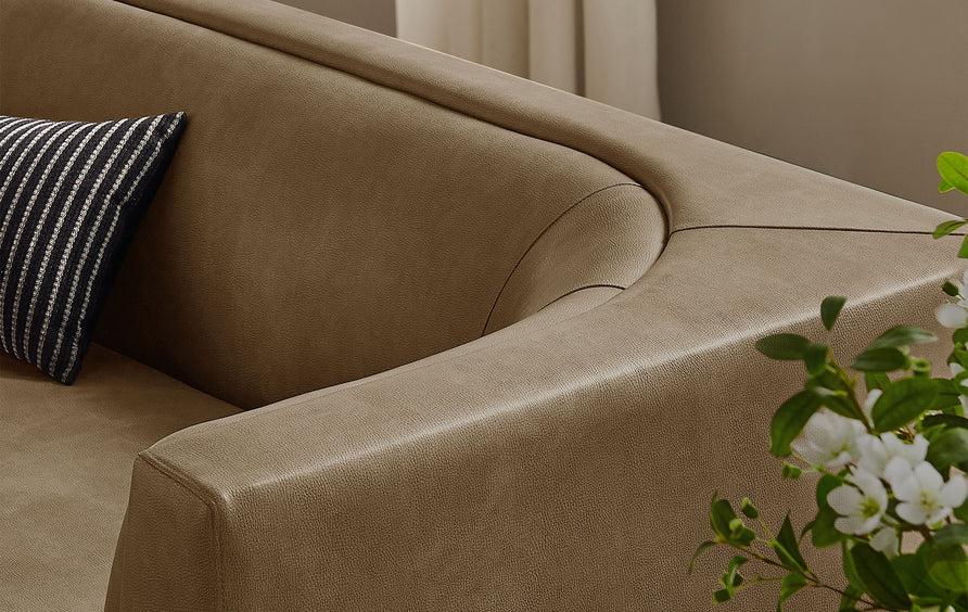 Drift 86" Curved Back Vegan Leather Sofa in Mushroom